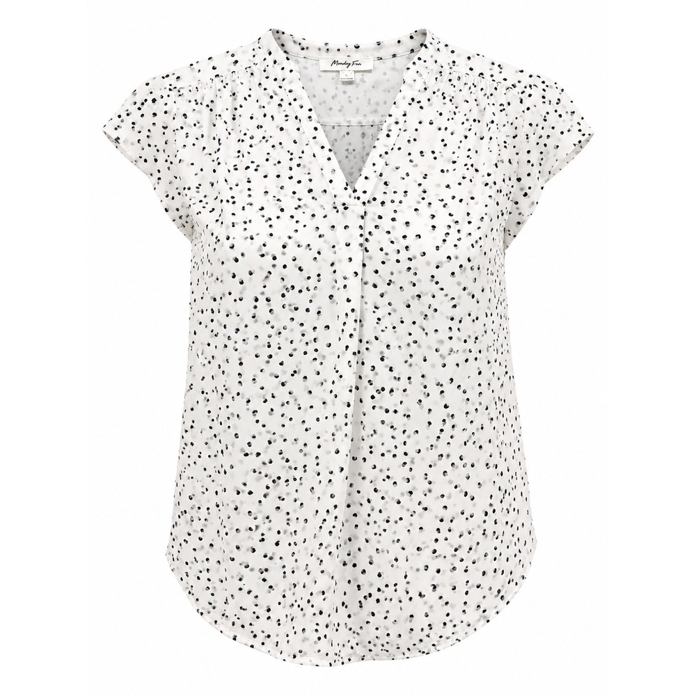 Monday Fun Womens Polka Dot V-Neck Cap Sleeve Blouse White Black Large